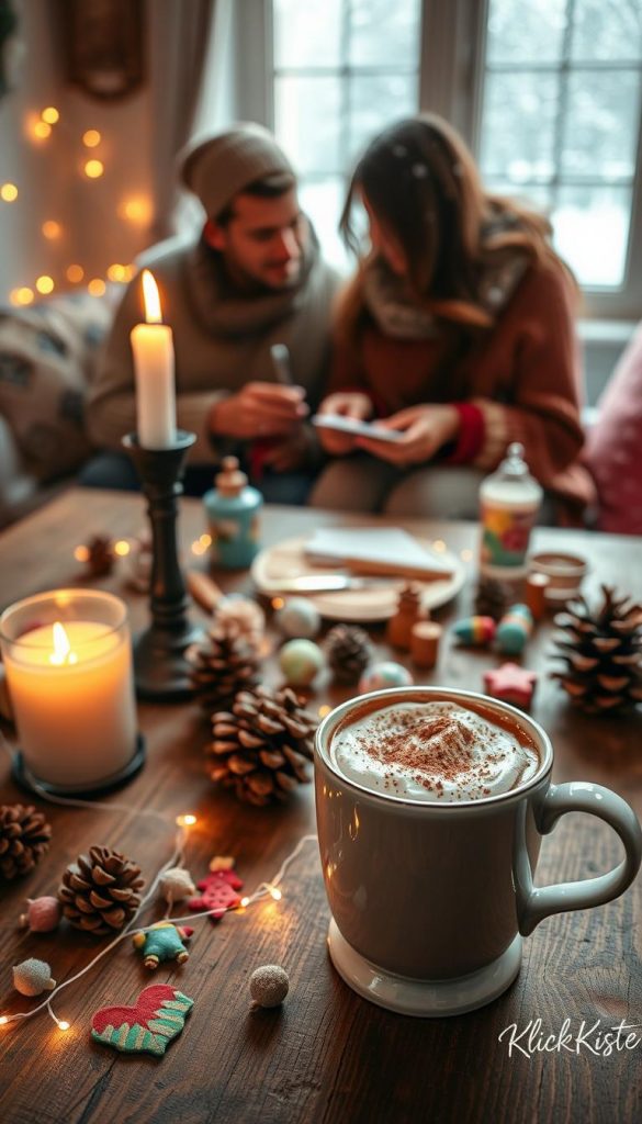A cozy winter date night setting is beautifully arranged on a rustic wooden table. In the foreground, two cups of steaming hot chocolate, topped with whipped cream and cinnamon, sit beside a flickering candle. A scattering of handcrafted decorations, including pinecones, twinkling fairy lights, and small DIY crafts made from upcycled materials, creates a warm atmosphere. In the middle ground, a couple sits together, engaged in a fun DIY project, using vibrant craft supplies like paper, glue, and scissors, dressed in cozy sweaters. The background features soft, diffused lighting from a window, with snow gently falling outside, enhancing the winter vibe. The overall mood is intimate and inviting, creating feelings of connection and creativity. The style is authentic and inspirational, reflecting the brand "KlickKiste".