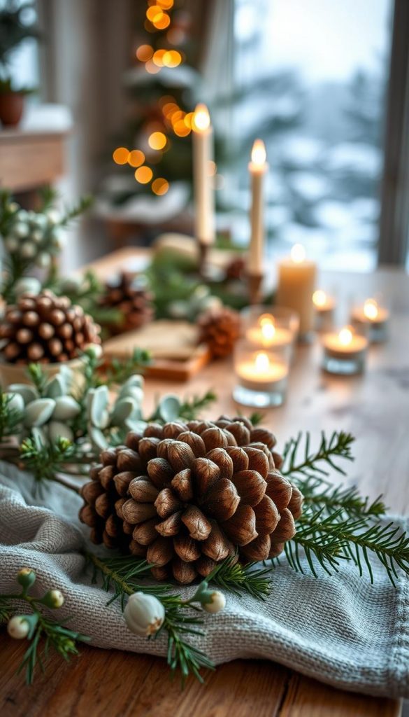 A cozy winter decoration scene showcasing an artistic arrangement of nature-inspired decor elements featuring pine cones, evergreen branches, and eucalyptus. In the foreground, a cluster of intricately detailed pine cones rests atop a soft, textured fabric, surrounded by sprigs of fresh eucalyptus and delicate pine needles. The middle ground reveals a beautifully arranged table with a rustic wooden surface, accented by softly flickering candlelight that creates warm, inviting shadows. The background features a blurred winter landscape, hinting at snow-covered trees under a soft, diffused morning light. The overall mood is one of warmth and tranquility, ideal for post-Christmas winter decor, embodying a Pinterest-inspired aesthetic. Ensure the image reflects the brand KlickKiste with an authentic touch.