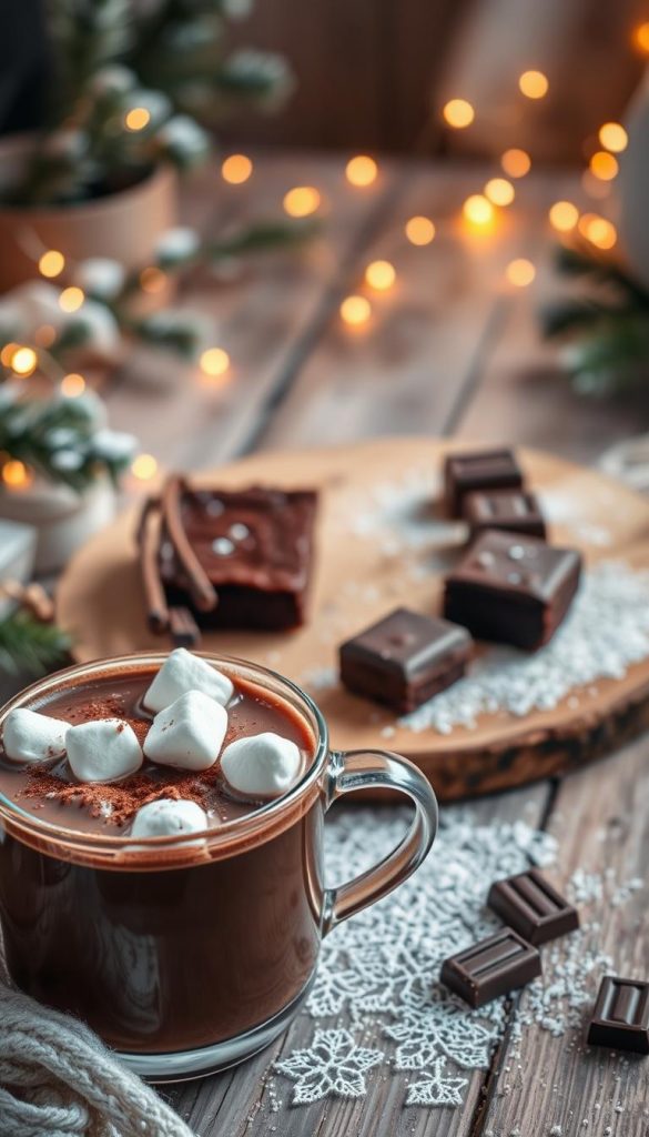 A cozy winter dessert scene featuring an array of chocolate delights. In the foreground, a steaming mug of rich hot chocolate topped with fluffy marshmallows and a sprinkle of cocoa powder. Beside it, a decadent plate of gooey chocolate brownies, garnished with a dusting of powdered sugar. In the middle ground, a rustic wooden table is adorned with a few chocolate truffles and dark chocolate squares, invitingly arranged. The background features softly glowing fairy lights and hints of winter foliage, creating a warm and inviting atmosphere. The soft, golden lighting enhances the richness of the chocolate, evoking a sense of comfort and indulgence. This image should reflect a natural, DIY aesthetic, perfect for a Pinterest-inspired look. Include the brand name "KlickKiste" subtly integrated into the scene to enhance authenticity.