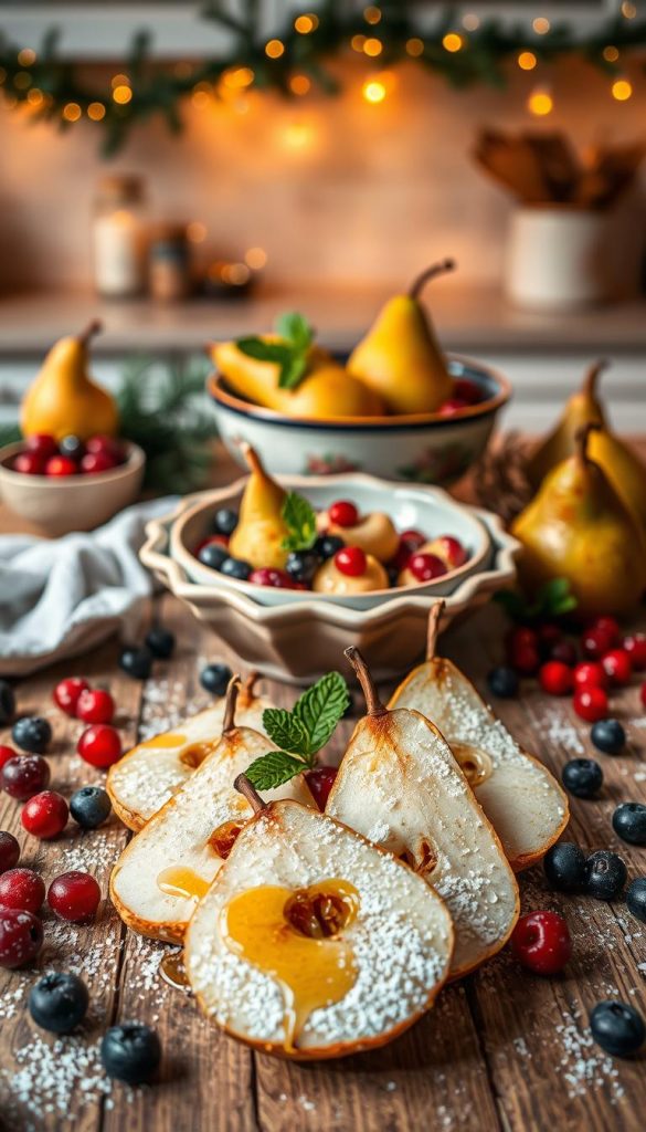 A cozy winter dessert scene featuring beautifully arranged pear recipes with a twist, showcasing ripe pears alongside a variety of vibrant winter berries like cranberries and blueberries. In the foreground, a rustic wooden table displays elegant pear slices drizzled with honey, scattered berries, and sprinkled with powdered sugar. The middle layer includes a vintage bowl filled with warm spiced pear compote and fresh mint leaves for garnish. The background captures a softly lit kitchen with hints of winter decor, like a garland of pine, and warm, golden bokeh lighting to evoke a festive atmosphere. The image should have a natural, DIY aesthetic with warm tones, reflecting the theme of "Winter Fruits with a Twist." Styled to inspire, reminiscent of Pinterest aesthetics. Created for KlickKiste.