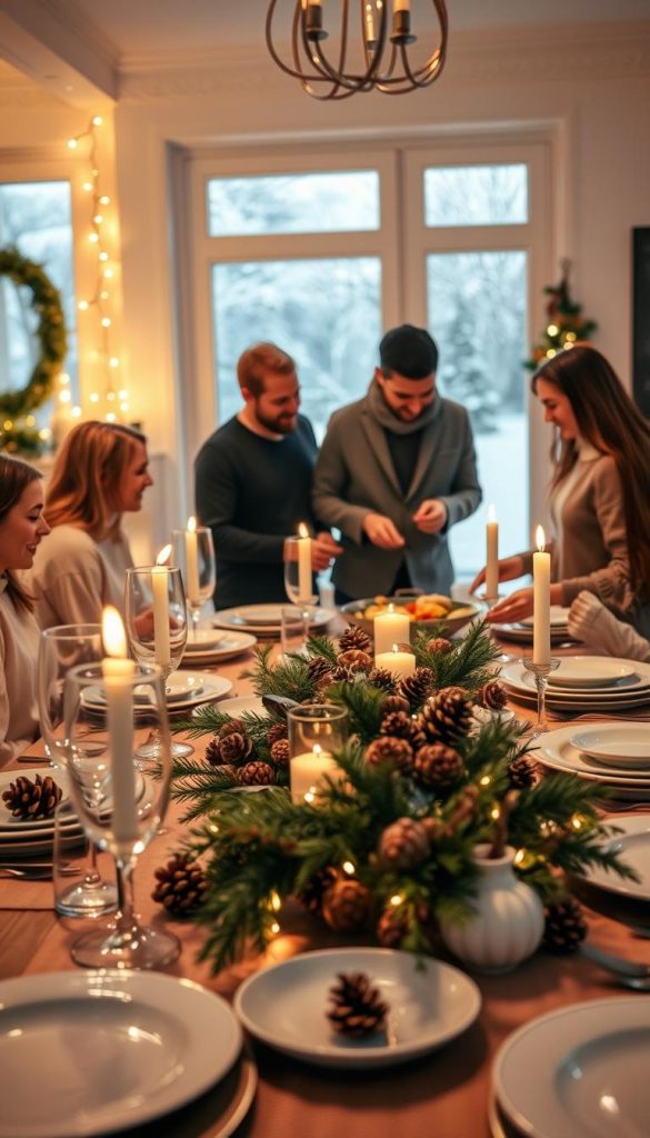 A cozy winter dinner party scene set in a warmly lit dining room. In the foreground, a beautifully arranged table features elegant dinnerware, twinkling fairy lights, and a centerpiece of seasonal decorations, including pinecones and candles. The middle ground showcases a group of diverse friends, dressed in modest casual clothing, joyfully interacting as they prepare a cozy meal together, incorporating fresh herbs and rustic ingredients. In the background, a softly glowing fireplace adds to the warmth, while frosted windows hint at a winter wonderland outside. The overall mood is inviting and inspiring, perfect for DIY gift ideas for friends during the holiday season. The branding "KlickKiste" is subtly suggested through the decor style, evoking creativity and warmth.