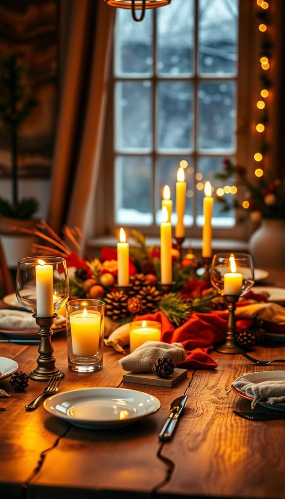 A cozy winter dinner setting, featuring a warm table adorned with soft, natural materials. In the foreground, a rustic wooden table set with elegant dishware, flickering candles casting a golden glow. The middle ground showcases a rich tapestry of warm colors, such as deep reds and soft golds, with winter-themed decorations like pinecones and evergreen sprigs. In the background, a softly illuminated window reveals gentle snowfall, enhancing the inviting atmosphere. The soft-focus lens creates a dreamy depth, capturing the essence of a tranquil, intimate gathering. The overall mood is warm and inviting, perfect for a cozy night in. Include subtle branding elements of "KlickKiste" in the decor for authenticity and inspiration.