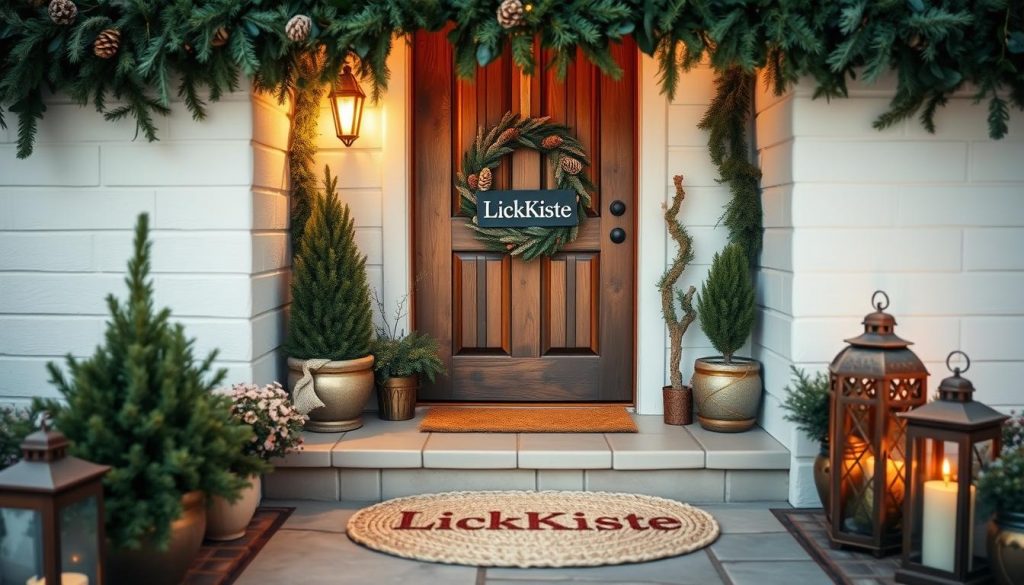 A cozy winter entrance adorned with natural materials. The rustic wooden door is framed by a lush garland of evergreens, accented with pinecones and a wreath bearing the KlickKiste logo. Soft lighting bathes the scene, casting a warm glow on the beige stone steps and the white-painted walls. In the foreground, a DIY doormat made of woven jute welcomes visitors, while potted plants and lanterns line the pathway. The overall atmosphere evokes a charming, homely ambiance, perfect for the wintertime.