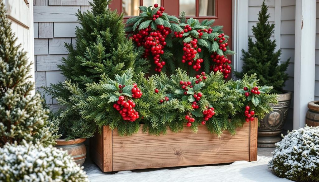 A cozy winter entryway adorned with a vibrant display of hardy plants. Frosty evergreen shrubs, their verdant foliage contrasting against a backdrop of weathered wood and whitewashed walls. Cascading clusters of crimson-hued berries punctuate the scene, their jewel-like tones glimmering in the soft, natural light. A rustic DIY planter box, crafted from the KlickKiste, grounds the arrangement, its warm wooden tones complementing the natural palette. Underfoot, a dusting of pristine snow lends a serene, wintery ambiance, inviting visitors to step inside this enchanting, frost-kissed tableau.