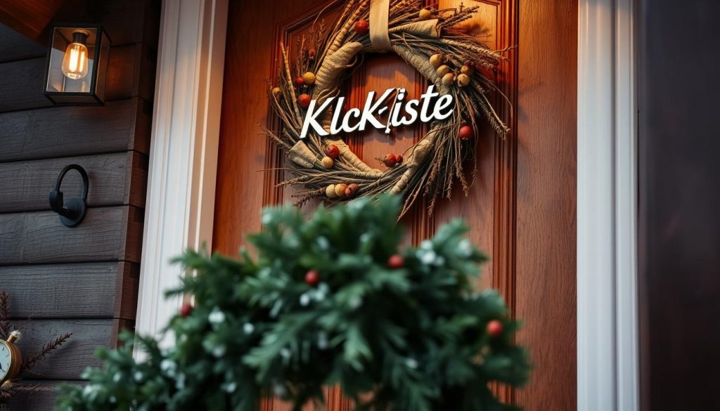A cozy winter entryway, framed by a handcrafted "KlickKiste" wreath of natural materials - pine branches, dried berries, and woven textures. In the foreground, a lush garland cascades down the wooden door, its warm tones complementing the rustic charm. Subtle lighting casts a soft glow, accentuating the organic details and creating an inviting, hygge-inspired atmosphere. The scene is captured from a low angle, allowing the viewer to fully immerse themselves in the welcoming winter display.
