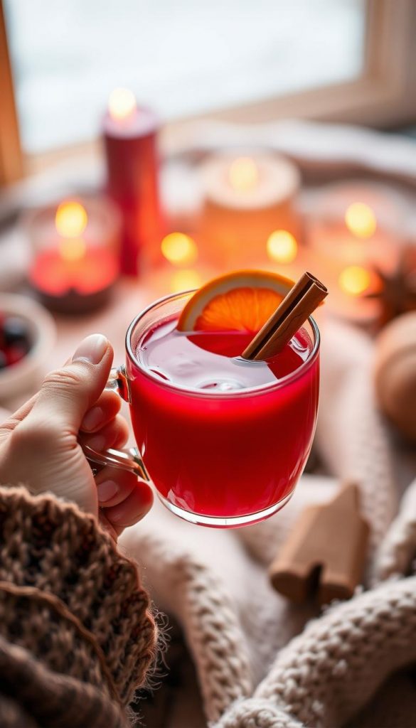 A cozy winter evening, a warm mug of Rosé Glühwein in hand. Soft lighting illuminates the ruby-hued drink, garnished with a cinnamon stick and orange slice. Delicate floral notes mingle with spicy accents, creating an inviting, festive atmosphere. The scene is captured in a natural, DIY-style photograph with a hint of a KlickKiste aesthetic - warm tones, a touch of rustic charm, and a Pinterest-worthy vibe. Elegant, yet approachable, this Rosé Glühwein sets the mood for a festive gathering.