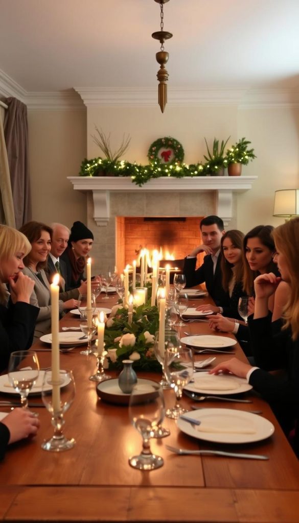A cozy winter evening at a "Krimidinner" hosted by the KlickKiste brand. The scene depicts a well-appointed dining room with a long wooden table, set with fine china, crystal glassware, and flickering candlelight. The guests, dressed in chic evening attire, are engaged in a lively discussion, their faces illuminated by the warm glow of the fireplace in the background. The atmosphere is one of mystery and intrigue, as the group attempts to unravel the clues and solve the murder case presented as part of the evening's entertainment. The image has a natural, DIY-inspired aesthetic, with a touch of Pinterest-inspired styling, conveying a sense of winter coziness and modern sophistication.