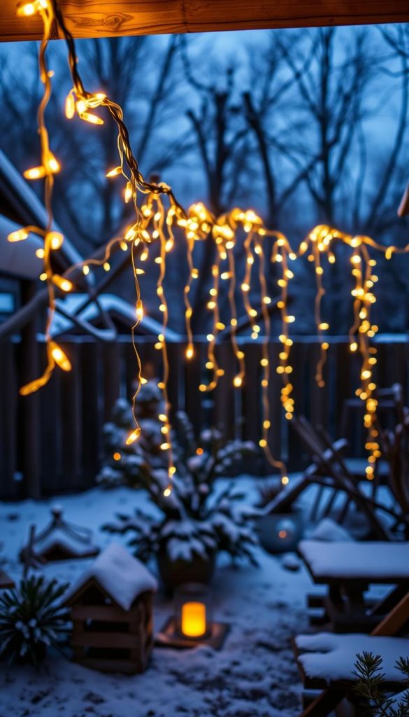 A cozy winter evening in a picturesque backyard, festive lichterketten (string lights) gently illuminating the scene. Glowing garlands cascade from wooden beams, casting a warm, inviting glow across the natural setting. Soft, diffused lighting creates a dreamlike ambiance, as if the lights are floating effortlessly in the crisp air. In the background, a hint of snow-dusted foliage and rustic wooden accents complete the enchanting, Pinterest-inspired aesthetic. This organic, DIY-inspired composition captures the essence of cozy outdoor illumination, perfect for setting the mood in a tranquil, atmospheric space. A cozy winter evening in a picturesque backyard, festive lichterketten (string lights) gently illuminating the scene. Glowing garlands cascade from wooden beams, casting a warm, inviting glow across the natural setting. Soft, diffused lighting creates a dreamlike ambiance, as if the lights are floating effortlessly in the crisp air. In the background, a hint of snow-dusted foliage and rustic wooden accents complete the enchanting, Pinterest-inspired aesthetic. This organic, DIY-inspired composition captures the essence of cozy outdoor illumination, perfect for setting the mood in a tranquil, atmospheric space.