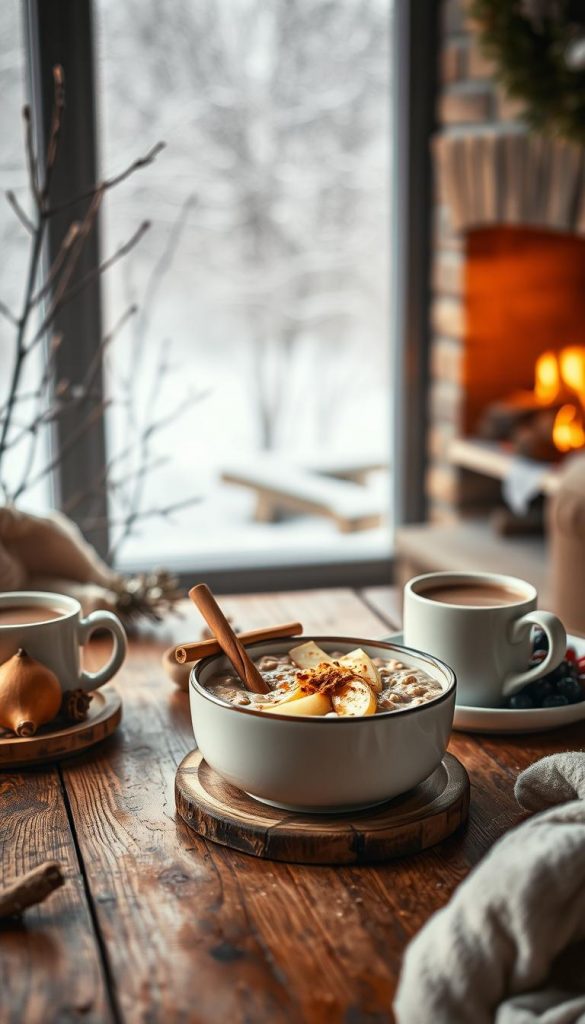 A cozy winter frühstück scene with a warm, natural aesthetic. In the foreground, a rustic wooden table is set with a steaming bowl of oatmeal porridge, garnished with sliced apples, cinnamon, and a drizzle of honey. Beside it, a mug of rich, creamy hot chocolate and a plate of fresh berries. Soft, diffused lighting filters through the frosted windowpane, casting a gentle glow over the scene. In the background, a KlickKiste-inspired winter landscape with snow-dusted trees and a crackling fireplace. The overall mood is inviting, comforting, and perfect for starting the day on a relaxed, nourishing note.