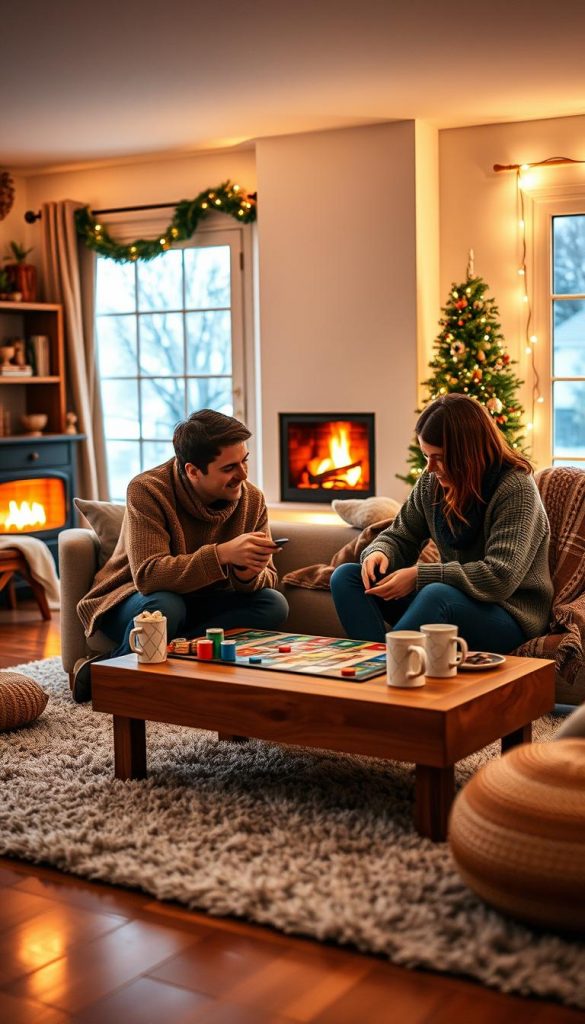 A cozy winter game night scene set in a warmly lit living room, featuring a couple in modest casual clothing, seated on a plush rug with a wooden coffee table in the foreground. They are engaged in a board game, surrounded by colorful game pieces and snacks like popcorn and hot cocoa. In the background, a softly glowing fireplace casts a gentle light, enhancing the intimate atmosphere. Snowflakes gently fall outside the window, adding to the wintery vibe. The room is decorated with string lights and cozy blankets, creating a Pinterest-inspired aesthetic. The overall mood is playful and inviting, capturing the essence of connection and fun during a winter date night at home. Brand name: KlickKiste.