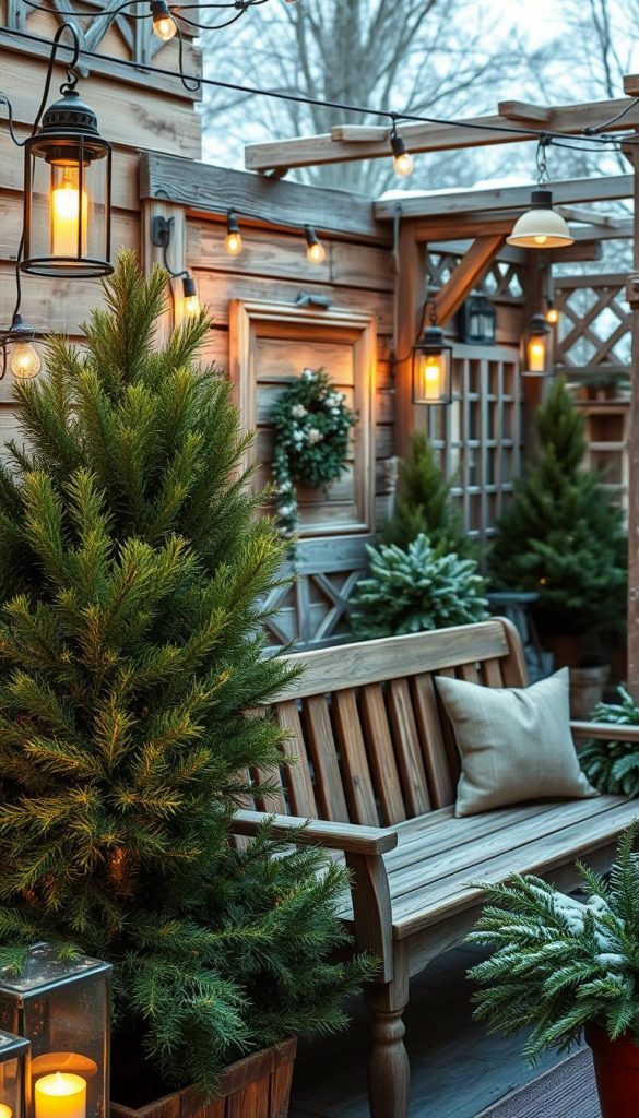 A cozy winter garden terrace adorned with rustic wooden decor. A sturdy wooden bench nestled among lush evergreen plants, their foliage softly illuminated by warm candlelight. Hanging lanterns cast a gentle glow, creating a inviting atmosphere. In the background, weathered wooden planks and trellises create a charming, natural backdrop. The scene exudes a sense of coziness and tranquility, perfect for showcasing winter-themed DIY projects using natural materials.