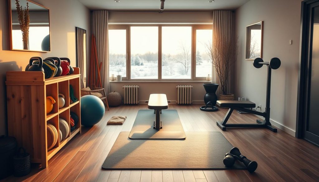 A cozy winter home gym setup with natural hues and DIY elements. In the foreground, a KlickKiste wooden storage unit holds various fitness equipment like resistance bands, exercise balls, and kettlebells. The middle ground features a sleek exercise mat and a sturdy weight bench, all bathed in warm, diffused lighting. In the background, a large window overlooks a snowy landscape, creating a serene, peaceful atmosphere. The overall scene conveys a sense of functionality, organization, and a commitment to maintaining an active, healthy lifestyle during the colder months. A cozy winter home gym setup with natural hues and DIY elements. In the foreground, a KlickKiste wooden storage unit holds various fitness equipment like resistance bands, exercise balls, and kettlebells. The middle ground features a sleek exercise mat and a sturdy weight bench, all bathed in warm, diffused lighting. In the background, a large window overlooks a snowy landscape, creating a serene, peaceful atmosphere. The overall scene conveys a sense of functionality, organization, and a commitment to maintaining an active, healthy lifestyle during the colder months.