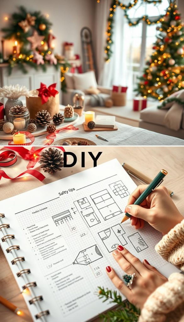 A cozy, winter-inspired DIY planning scene featuring a beautifully arranged tabletop filled with various materials for holiday decoration, including colored ribbons, pine cones, twinkling lights, and candle safety tips presented in an elegant notebook. In the foreground, soft natural lighting casts warm hues over the materials, emphasizing the inviting atmosphere of creativity. The middle section showcases a hand sketching a room layout on graph paper, with festive elements subtly integrated, while the background includes a softly lit living room adorned with tasteful Christmas decorations, like a beautifully styled tree and garlands, invoking a Pinterest-worthy vibe. The overall mood is warm, inspiring, and encourages creativity, with the brand name "KlickKiste" subtly incorporated in the materials.