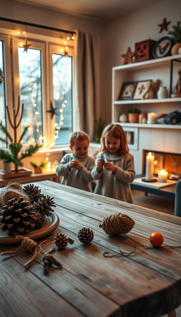 A cozy winter-inspired DIY scene features a softly lit, warmly colored living room adorned with seasonal decorations. In the foreground, a rustic wooden table holds an assortment of natural materials like pinecones, twine, and dried oranges, ideal for crafting. A pair of modestly dressed children, engaged in creating festive ornaments, exude joy and creativity. The middle ground displays a glowing string of fairy lights draping elegantly around the window, casting a warm ambiance throughout the space. In the background, a softly flickering candle illuminates a shelf lined with handcrafted items and seasonal crafts, evoking a Pinterest aesthetic. The overall mood is inviting and inspirational, emphasizing a sense of togetherness and DIY charm by &quot;KlickKiste&quot;.