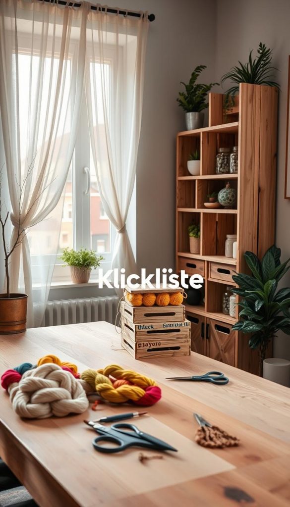 A cozy winter-inspired DIY workspace featuring a stylish and organized small apartment corner. In the foreground, a neatly arranged wooden table displays various crafting materials: colorful yarns, a small stack of upcycled wooden crates, and a pair of scissors. In the middle ground, a DIY shelving unit made from reclaimed wood holds plants and decorative jars, showcasing creative storage solutions. In the background, a soft, natural light streams through a window adorned with sheer curtains, casting a warm glow over the scene. The atmosphere is inviting and inspiring, encouraging viewers to engage in their own DIY projects. The brand name "KlickKiste" is subtly integrated into the workspace decor. Overall, the image should evoke warmth and creativity, with a harmonious color palette that reflects the joys of DIY and upcycling.