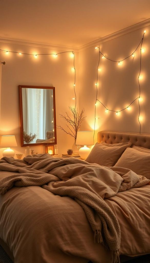 A cozy, winter-inspired bedroom with a focus on soothing, ambient lighting. Soft, warm-toned table lamps and string lights create a serene, intimate atmosphere, casting a gentle glow across the space. Plush bedding, natural textures, and earthy accents evoke a sense of hygge. The room is bathed in a golden, diffused light, creating a tranquil, inviting retreat. A large, wall-mounted mirror reflects the layered lighting, amplifying the cozy ambiance. Minimalist decor and neutral tones allow the lighting to take center stage, guiding the viewer's attention to the heart of the scene. A cozy, winter-inspired bedroom with a focus on soothing, ambient lighting. Soft, warm-toned table lamps and string lights create a serene, intimate atmosphere, casting a gentle glow across the space. Plush bedding, natural textures, and earthy accents evoke a sense of hygge. The room is bathed in a golden, diffused light, creating a tranquil, inviting retreat. A large, wall-mounted mirror reflects the layered lighting, amplifying the cozy ambiance. Minimalist decor and neutral tones allow the lighting to take center stage, guiding the viewer's attention to the heart of the scene.