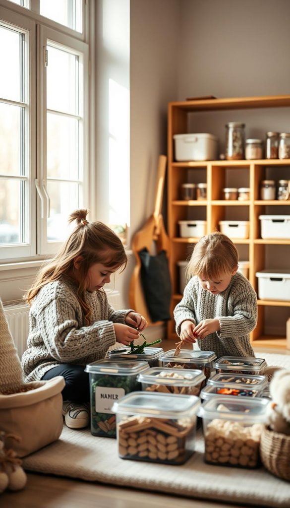 A cozy, winter-inspired family scene showcasing &amp;quot;habit kids day&amp;quot; in the KlickKiste household. Warm, natural lighting filters through large windows, casting a soft, inviting glow. Two children, bundled in knit sweaters, eagerly sort through a variety of containers, organizing their treasures. In the background, a minimalist, wooden shelving unit displays neatly arranged jars and bins. Neutral tones and natural materials create a calming, Pinterest-inspired atmosphere, encouraging sustainable habits and order in the home.