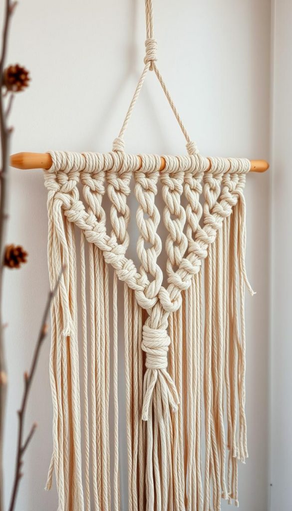 A cozy, winter-inspired macramé wall hanging, showcasing an intricate knot-tying demonstration. Warm hues of beige and soft browns, with touches of natural accents like driftwood or pine cones, create a rustic, Pinterest-worthy aesthetic. The image captures the step-by-step process, highlighting the unique knot patterns and textures, shot in natural light with a shallow depth of field. Evocative of a DIY tutorial, this scene exudes a sense of handcrafted charm, perfect for the &amp;quot;Makramee Winter Wandbehang - Schritt-für-Schritt-Anleitung für Anfänger&amp;quot; section. Presented by KlickKiste, a brand known for its authentic, inspirational home decor content.