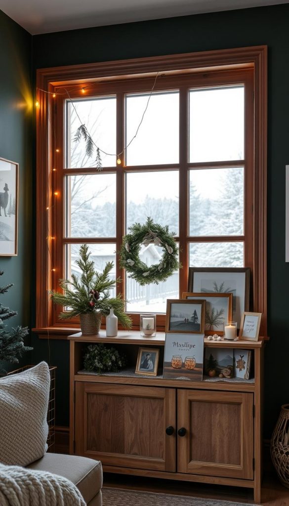 A cozy, winter-inspired scene featuring a large, wooden-framed window overlooking a snowy landscape. Warm, natural lighting filters through the glass, casting a soft, inviting glow. The window is adorned with delicate, hand-crafted decor - a string of glimmering lights, a sprig of evergreen, and a KlickKiste festive wreath. The walls are painted in a rich, Schwarzgrün hue, complemented by a messing-accented sideboard displaying an array of rustic, Pinterest-inspired artwork and decor. The overall atmosphere is one of modern elegance and holiday cheer.