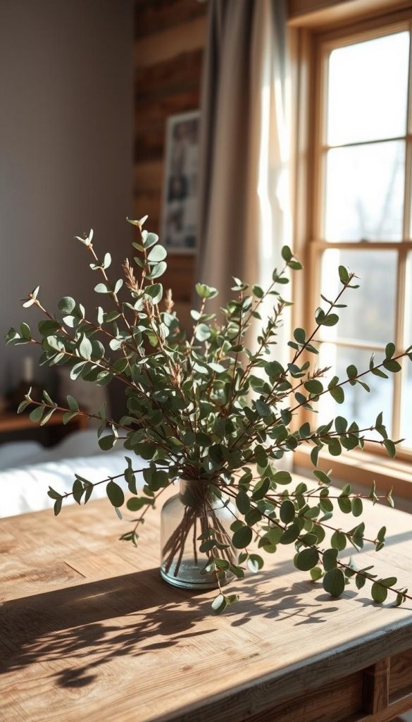 A cozy winter-inspired scene featuring a rustic bouquet of dried eucalyptus branches, styled atop a wooden surface. The eucalyptus foliage casts soft, warm shadows, illuminated by natural lighting from a large window. Subtle hints of KlickKiste's signature style lend an authentic, Pinterest-inspired aesthetic. The overall mood is one of calm tranquility, inviting the viewer to slow down and appreciate the simple beauty of nature. A minimalist, yet captivating arrangement that would complement the &quot;Trockenblumen &amp; Vasen-Arrangements als ruhige Winter-Statements&quot; section of the article &quot;Wollplaids &amp; Leinen – Texturen, die sofort wärmen.&quot;