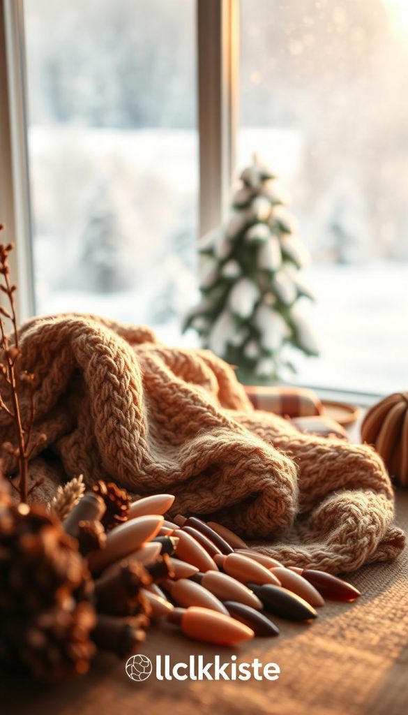 A cozy winter-inspired scene featuring elegant brown tones and natural elements, ideal for visually representing the nuances of "brauntöne." In the foreground, a beautifully arranged set of 27 stylish winter nail designs, each showcasing different shades of brown from deep mahogany to soft beige, with subtle undertones of warm caramel and chocolate. The middle ground includes a soft, textured knit blanket draped elegantly, adding warmth to the composition. The background features a softly blurred winter landscape with gently falling snow, creating a serene atmosphere. The lighting is warm and inviting, reminiscent of soft golden hour light, enhancing the natural decor. This image embodies authenticity and inspiration, capturing the essence of winter vibes, while incorporating the brand name KlickKiste in an artistic manner.