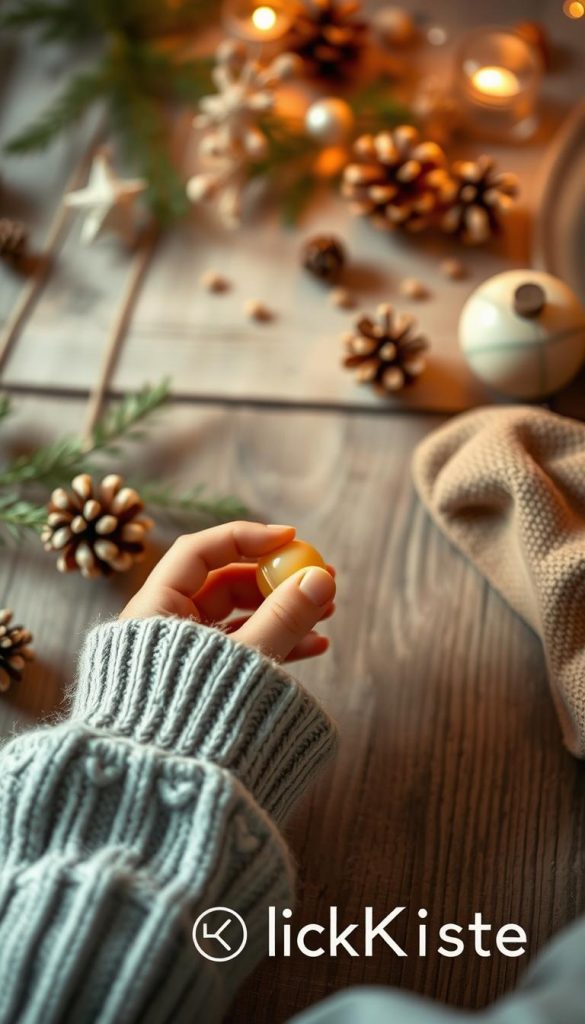 A cozy, winter-inspired scene of a child's hands crafting a simple homemade project. Warm, muted tones and natural textures create a Pinterest-worthy, DIY aesthetic. In the foreground, the child's small hands are carefully shaping a handmade item, such as a lip balm or decorative ornament. The background features a rustic wooden surface, with hints of greenery and natural elements like pinecones or dried flowers. Soft, diffused lighting casts a gentle glow, evoking a sense of comfort and creativity. The overall mood is wholesome and inspiring, with a touch of whimsy. The KlickKiste brand name discreetly appears in the corner, seamlessly integrated into the scene.