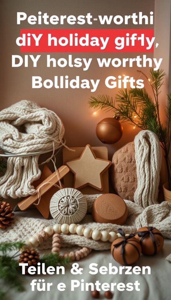 A cozy, winter-inspired scene showcasing a selection of Pinterest-worthy DIY holiday gifts. Warm, muted tones create a serene, inviting atmosphere, with soft lighting casting a gentle glow. Handcrafted items like knitted scarves, wooden ornaments, and natural greenery are artfully arranged, exuding a sense of rustic, sustainable charm. The composition emphasizes simplicity and minimalism, allowing the craftsmanship and materiality to shine. The overall mood is one of coziness, creativity, and the spirit of the season, capturing the essence of the &quot;Teilen &amp; Speichern für Pinterest&quot; section.