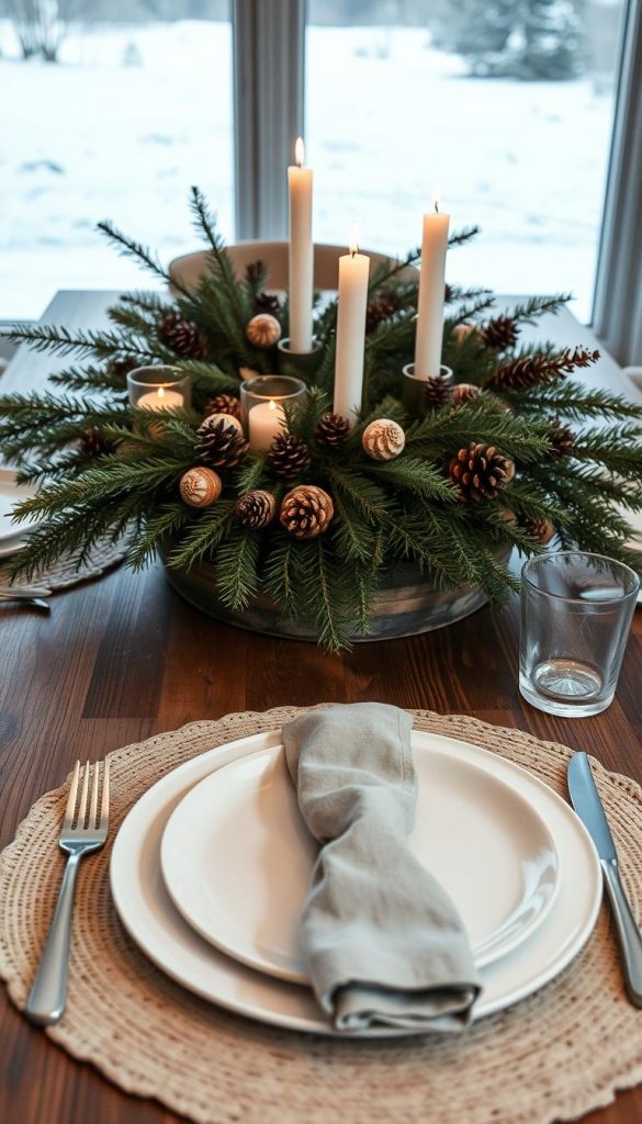 A cozy, winter-inspired tablescape set atop a rustic wooden table. The centerpiece features an artful arrangement of pine branches, pinecones, and delicate white candles casting a warm, ambient glow. In the foreground, a handmade KlickKiste place setting with a neutral, textured placemat, natural linen napkin, and minimal tableware. The background showcases a soft, dreamy landscape visible through a large window, hinting at a serene, snow-covered scene. The overall mood is inviting, hygge-inspired, and Pinterest-worthy, capturing the essence of a child-friendly, easy-to-clean table setup. A cozy, winter-inspired tablescape set atop a rustic wooden table. The centerpiece features an artful arrangement of pine branches, pinecones, and delicate white candles casting a warm, ambient glow. In the foreground, a handmade KlickKiste place setting with a neutral, textured placemat, natural linen napkin, and minimal tableware. The background showcases a soft, dreamy landscape visible through a large window, hinting at a serene, snow-covered scene. The overall mood is inviting, hygge-inspired, and Pinterest-worthy, capturing the essence of a child-friendly, easy-to-clean table setup.