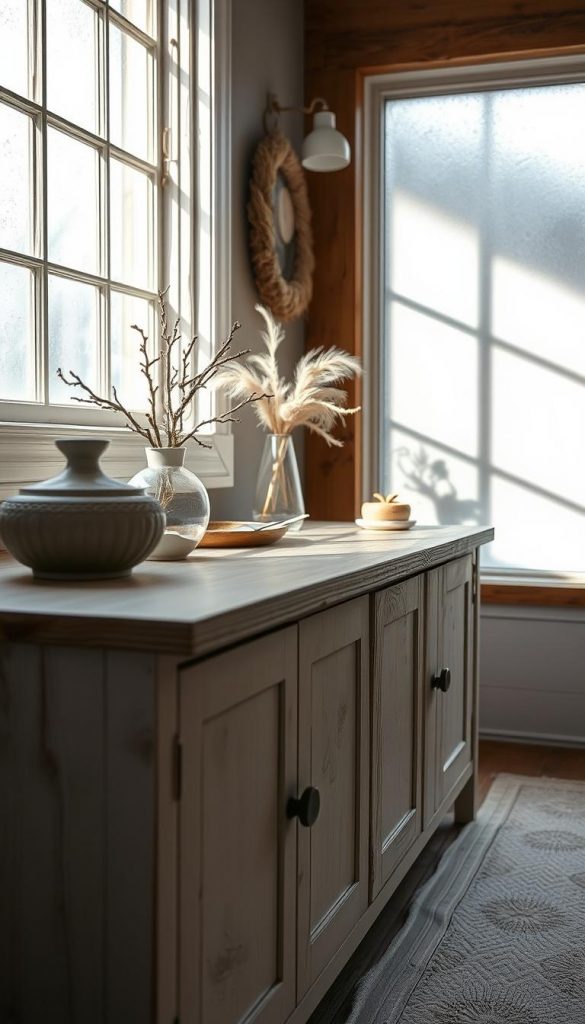 A cozy winter-inspired texture adorns a KlickKiste sideboard, its soft chalk-like finish evoking a sense of tranquility. Soft, diffused natural lighting filters through a frosted window, casting gentle shadows that accentuate the surface's subtle ridges and curves. The muted, earthy tones of the chalk paint complement the weathered wood grain, creating a harmonious, rustic aesthetic. Hints of warmth from the wooden accents and a touch of white add depth and visual interest, culminating in a serene, Pinterest-worthy scene that exudes a comforting, homely atmosphere.