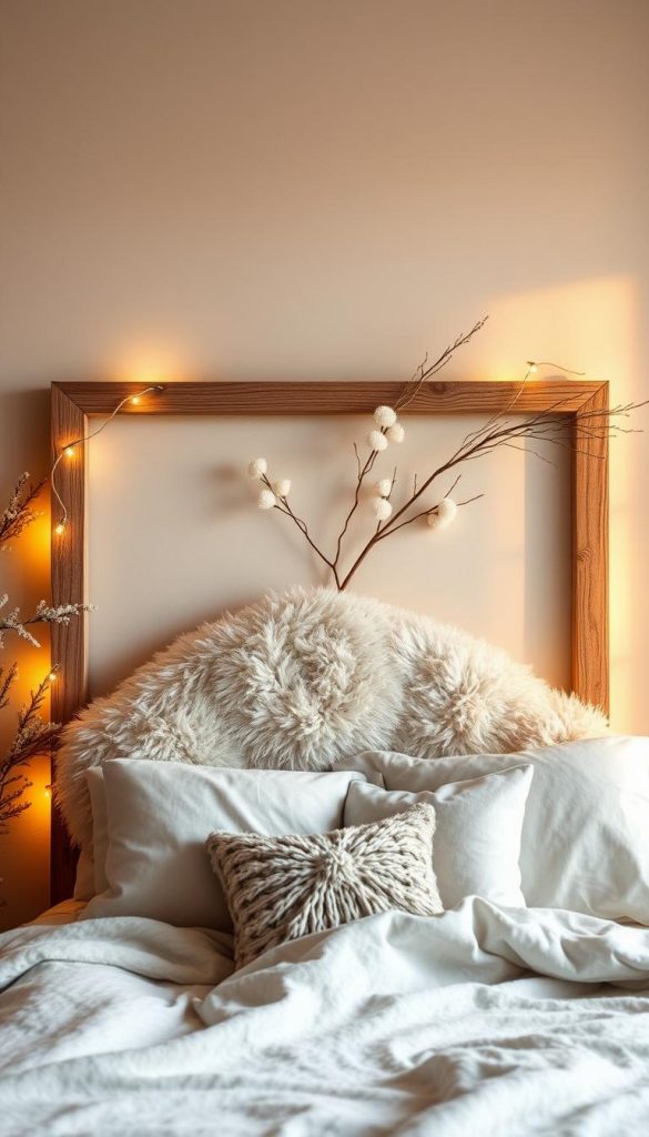 A cozy winter-inspired wall decor piece with a natural, handmade aesthetic. A rustic wood frame encloses a lush, textured "stoff kopfteil" - a soft, plush headboard-like focal point. Warm amber lighting creates a tranquil, inviting atmosphere, while soft shadows and hazy highlights lend a charming, Pinterest-worthy look. The neutral palette of beiges, creams, and subtle grays evokes a serene, hygge-inspired ambiance, perfect for a cozy winter bedroom. Organic textures and minimal, elegant design make this a beautiful, inspiring DIY project. A cozy winter-inspired wall decor piece with a natural, handmade aesthetic. A rustic wood frame encloses a lush, textured "stoff kopfteil" - a soft, plush headboard-like focal point. Warm amber lighting creates a tranquil, inviting atmosphere, while soft shadows and hazy highlights lend a charming, Pinterest-worthy look. The neutral palette of beiges, creams, and subtle grays evokes a serene, hygge-inspired ambiance, perfect for a cozy winter bedroom. Organic textures and minimal, elegant design make this a beautiful, inspiring DIY project.