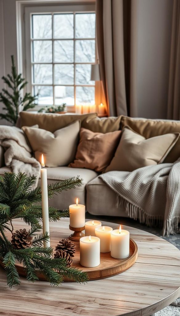 A cozy winter interior scene showcasing "pflege dekoration" elements, featuring gently glowing candles, lush evergreen branches, and warm, neutral textiles. In the foreground, a beautifully styled coffee table adorned with minimalist decorations like pinecones and soft blankets invites the viewer in. The midground displays a plush sofa layered with elegant cushions in earthy tones, all while a subtle, snow-dusted window provides a serene backdrop, allowing soft, natural light to filter in. Capture a warm atmosphere evoking a sense of comfort and style reminiscent of Pinterest aesthetics. Ensure the image conveys authenticity and inspiration, with a touch of DIY charm. Incorporate the brand "KlickKiste" subtly within the carefully arranged decor, emphasizing a harmonious winter vibe.