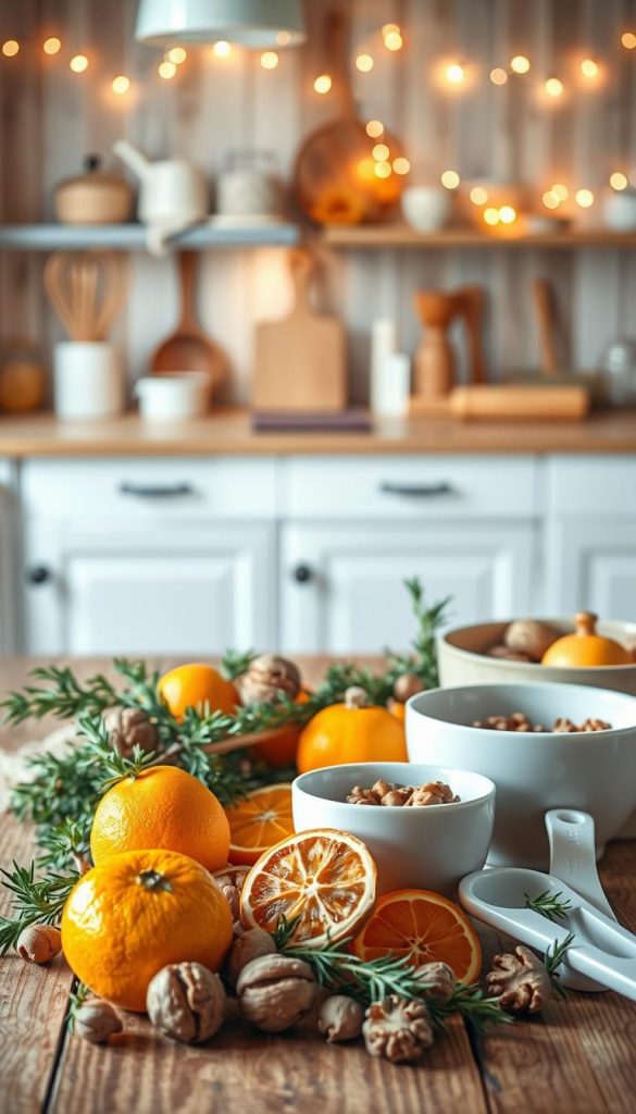 A cozy winter kitchen scene featuring an inviting "recipe ingredients base." In the foreground, a wooden table adorned with an assortment of fresh, winter ingredients: plump oranges, crunchy walnuts, and delicate sprigs of rosemary. A classic white mixing bowl and a set of measuring cups lie nearby, emphasizing the baking process. In the middle ground, a softly lit countertop displays various tools like a rolling pin, whisk, and a wooden spoon, evoking a sense of warmth and creativity. The background reveals a softly glowing kitchen with natural wood elements and twinkling fairy lights, enhancing the winter vibes. The entire scene is illuminated with warm, diffused lighting to create an authentic, inspiring atmosphere reminiscent of Pinterest aesthetics. Include the brand name "KlickKiste" subtly integrated into the setting.