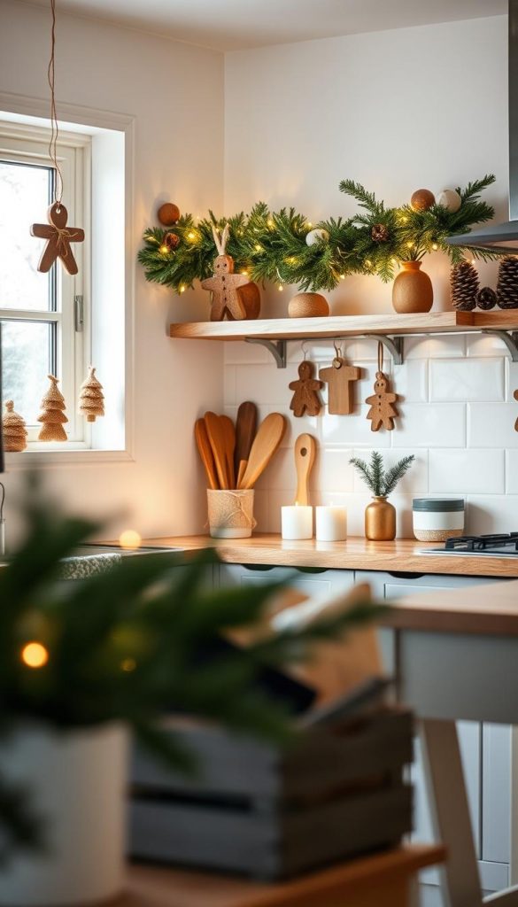 A cozy winter kitchen scene with natural DIY decor elements. Rustic gingerbread-style accents like handmade wooden ornaments, pine garlands, and twinkling string lights create a warm, inviting ambiance. Soft, diffused lighting casts a dreamy glow, highlighting the earthy tones and textures. In the foreground, a KlickKiste storage box adds a touch of modern farmhouse style. The overall mood is effortlessly charming, evoking a sense of hygge and inspiring holiday cheer.
