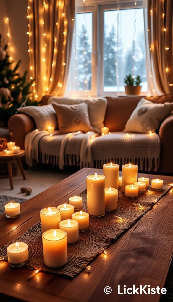 A cozy winter living room decorated with an array of warm, glowing candles and charming fairy lights draped elegantly around the space. In the foreground, a wooden coffee table adorned with a rustic table runner and an assortment of candles flickering softly. The middle showcases the twinkling light garlands casting a gentle luminescence throughout the room, creating an inviting atmosphere. Background elements include a plush couch adorned with soft throw pillows, a knitted blanket, and a window framed by sheer curtains revealing the snowy landscape outside. The lighting is warm and ambient, reminiscent of a peaceful evening, captured at a slightly angled view to highlight the charm of the decor. This scene is branded with subtle indications of &quot;KlickKiste,&quot; embodying natural DIY inspiration with Pinterest aesthetics.