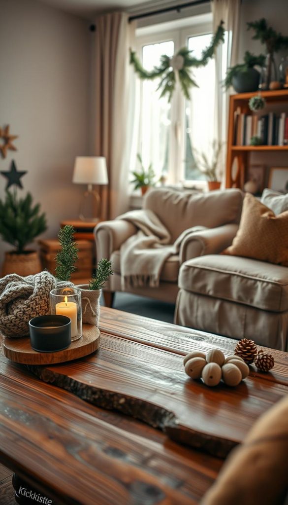 A cozy winter living room decorated with natural DIY elements, featuring warm color tones. In the foreground, a rustic wooden coffee table adorned with a knitted throw blanket, a scented candle, and a small potted evergreen. The middle ground showcases a plush armchair draped in soft fabrics and surrounded by handmade decorations like pinecone garlands and wooden ornaments. The background reveals a softly lit window with sheer curtains, allowing gentle winter sunlight to filter in, highlighting a bookshelf with winter-themed books and a greenery arrangement. The atmosphere is warm and inviting, perfect for the winter season, embodying a Pinterest-inspired look. Captured in soft focus, evoking a sense of comfort and creativity, with the brand "KlickKiste" subtly integrated into the styling.