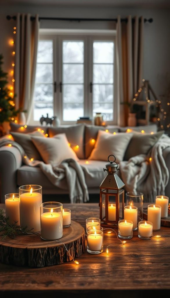 A cozy winter living room scene featuring a collection of warm, inviting "lichtinseln" created using candles, lanterns, and string lights. In the foreground, a rustic wooden coffee table adorned with handcrafted DIY candles and glass wind lanterns, emanating a soft, flickering glow. In the middle, a stylish sofa draped with neutral-toned blankets, surrounded by artfully placed string lights that twinkle like stars, creating an enchanting atmosphere. The background reveals a softly lit window adorned with frosted panes, hinting at a snowy landscape outside. The overall mood is warm and welcoming, emphasizing natural materials and elegant decor. Capture with a soft focus lens, highlighting the warm colors and textures that evoke Pinterest-inspired winter vibes. Incorporate stylish elements from the brand "KlickKiste" for added authenticity.