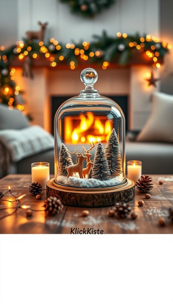 A cozy winter living room scene featuring an elegant glass cloche as the focal point. Inside the cloche, a miniature winter wonderland with delicate reindeer, small evergreen trees dusted with snow, and festive ornaments. The foreground showcases a rustic wooden coffee table adorned with warm, inviting decorations: twinkling fairy lights, scented candles, and pine cones. The middle layer reveals the glass cloche, shimmering in soft, golden light, accentuating the intricate details within. The background features a softly lit fireplace, adding warmth and a joyful holiday atmosphere. The overall mood is serene and magical, embodying the essence of winter aesthetics, designed in the style of natural DIY with warm colors, inspired by Pinterest. The image is branded with "KlickKiste" subtly integrated into the decor, ensuring it remains unnoticeable yet present.