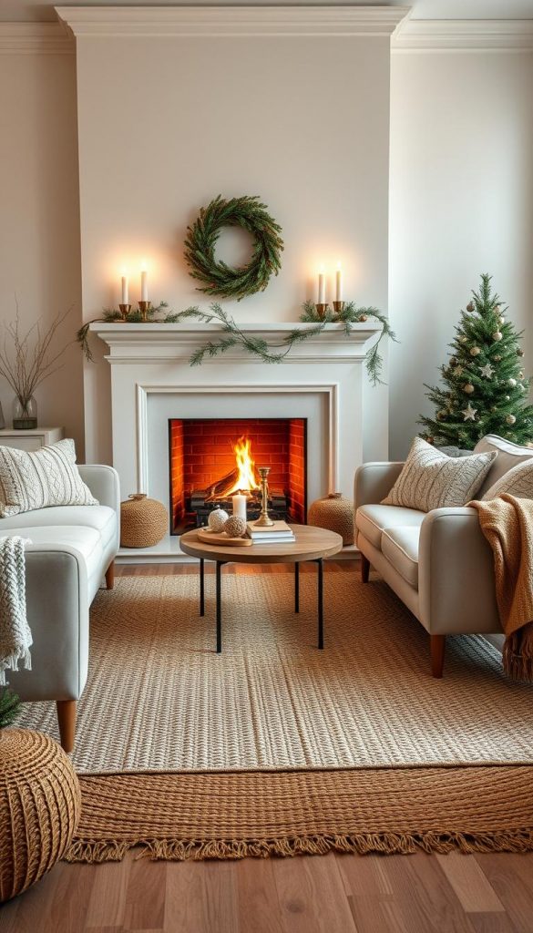 A cozy winter living room scene with a minimal yet elegant design aesthetic. Soft lighting from a fireplace and candlesticks casts a warm glow, complementing the neutral color palette of off-white, beige, and wood tones. An intricate woven area rug grounds the space, while a plush velvet sofa and armchairs invite relaxation. Delicate sprigs of greenery and natural textures like knit throws add subtle holiday touches. The overall mood is one of balance, tranquility, and hygge - the perfect ambiente for enjoying the holiday season. A cozy winter living room scene with a minimal yet elegant design aesthetic. Soft lighting from a fireplace and candlesticks casts a warm glow, complementing the neutral color palette of off-white, beige, and wood tones. An intricate woven area rug grounds the space, while a plush velvet sofa and armchairs invite relaxation. Delicate sprigs of greenery and natural textures like knit throws add subtle holiday touches. The overall mood is one of balance, tranquility, and hygge - the perfect ambiente for enjoying the holiday season.