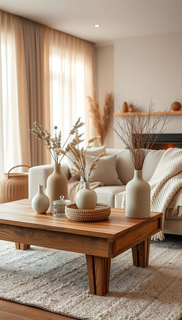 A cozy winter living room setting, showcasing a harmonious color palette with soft beige, warm whites, and muted earthy tones. The foreground features a rustic wooden coffee table adorned with natural materials like woven baskets and elegant ceramic vases filled with dried flowers. In the middle ground, a stylish sofa draped with a plush, light grey blanket invites relaxation. Soft golden light filters through sheer curtains, creating a tranquil atmosphere. In the background, a softly lit fireplace adds warmth and depth, enhancing the winter vibe. Use a warm, inviting lighting setup to emphasize the textures and layers, portraying a serene and inspirational space that embodies the essence of "KlickKiste". Ensure the angle showcases the overall harmony and balance of the room without any distractions.