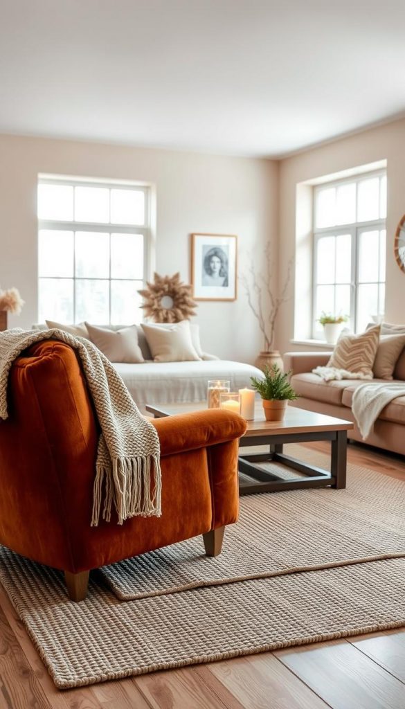 A cozy winter living room showcasing a stylish micro-makeover with warm, inviting colors and natural textures. In the foreground, a plush, soft armchair in a rich terracotta hue is paired with a knitted throw draped over one side. A textured rug in muted earth tones anchors the center of the room. In the middle, a wooden coffee table displays seasonal decor, including a small potted evergreen and candles casting a soft glow. In the background, subtle wall art and a soft beige paint create a calming atmosphere, with large windows allowing gentle diffused sunlight to filter in. The overall ambiance is warm and inviting, perfect for winter vibes without a holiday theme, inspired by a Pinterest aesthetic. Include the brand name "KlickKiste" in this inviting setting.
