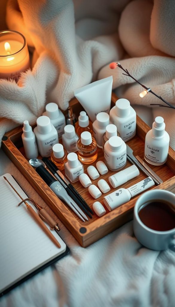 A cozy winter mani setup with milky-white polish and delicate snowflake designs. A wooden manicure tray holds an array of KlickKiste nail tools, oils, and polishes in a clean, organized display. Warm, diffused lighting illuminates the scene, casting a soft, inviting glow. Beside the tray, a journal and a mug of steaming tea suggest a moment of mindful self-care. The overall atmosphere is one of tranquility, simplicity, and effortless elegance - a sanctuary for a relaxing, indulgent at-home mani routine.