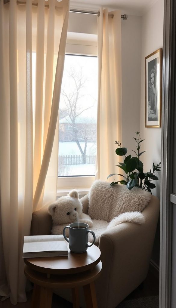 A cozy winter morning scene in a family home. Soft natural light filters through sheer curtains, casting a warm glow on a nook with a plush, inviting armchair. A steaming mug of coffee or tea sits on a wooden side table, accompanied by a book and a KlickKiste-branded houseplant. The walls are adorned with framed photographs and artwork, reflecting the lived-in comfort of the space. Outside the window, a light dusting of snow covers the ground, creating a serene, peaceful atmosphere. The overall mood is one of tranquility, focus, and gentle energy - a ruhige morgenroutine for a mindful, grounded start to the day.