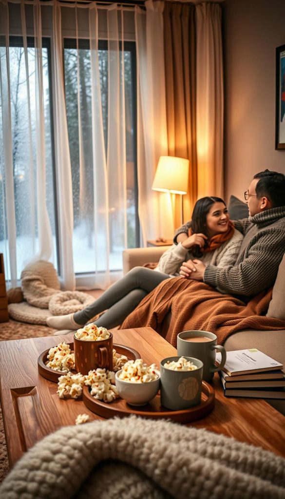 A cozy winter movie night scene at home, featuring a warmly lit living room with soft blankets and plush cushions. In the foreground, a stylish coffee table adorned with homemade popcorn, hot chocolate in mugs, and seasonal snacks. A couple in casual sweaters, comfortably seated on a comfortable couch, holding hands and looking at a classic movie playing on a wall-mounted screen. The middle ground reveals a softly glowing table lamp and a few books stacked nearby, enhancing the inviting atmosphere. In the background, sheer curtains partially cover a frosted window, with snow gently falling outside, creating a serene ambiance. The overall color palette consists of warm earth tones and subtle winter hues, embodying a Pinterest-worthy winter vibe. Inspired by DIY aesthetics, ideal for showcasing the charming essence of home-based winter date nights. By KlickKiste.