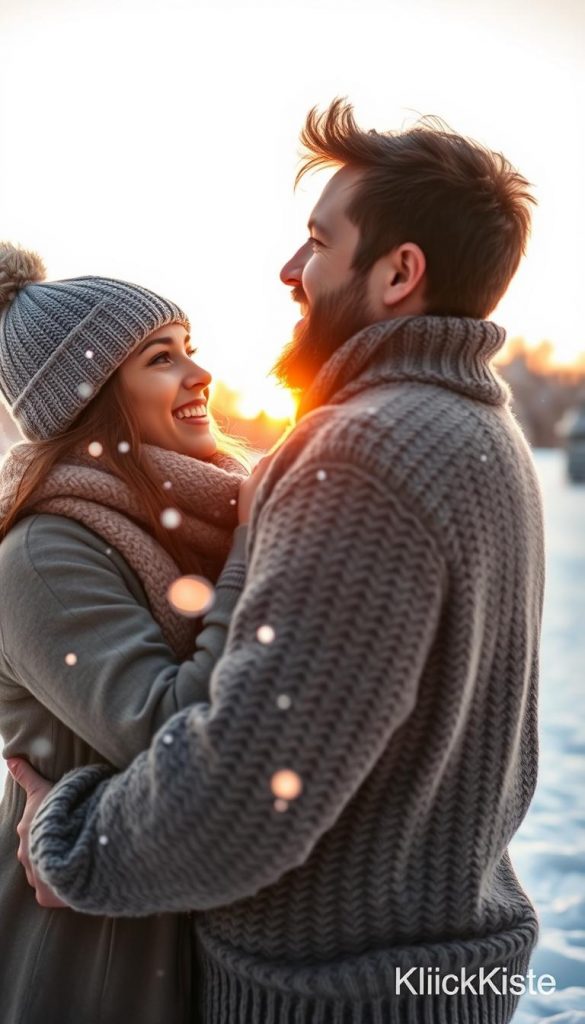 A cozy winter outdoor scene depicting a couple joyfully embracing in a soft, snowy setting during the golden hour. The foreground features the couple, dressed in stylish yet modest winter attire, with warm colors that complement the soft glow of the sunset. The female has a woolen hat and a chic scarf, while the male dons a chunky knit sweater. In the middle ground, gentle snowflakes float through the air, enhancing the winter atmosphere. The background reveals a serene landscape of snow-covered trees and a clear, pastel sky. The image captures warm, inviting tones with a dreamy, romantic feel, ideal for conveying the essence of winter love. This is a natural DIY image with a Pinterest aesthetic, branded with "KlickKiste." A cozy winter outdoor scene depicting a couple joyfully embracing in a soft, snowy setting during the golden hour. The foreground features the couple, dressed in stylish yet modest winter attire, with warm colors that complement the soft glow of the sunset. The female has a woolen hat and a chic scarf, while the male dons a chunky knit sweater. In the middle ground, gentle snowflakes float through the air, enhancing the winter atmosphere. The background reveals a serene landscape of snow-covered trees and a clear, pastel sky. The image captures warm, inviting tones with a dreamy, romantic feel, ideal for conveying the essence of winter love. This is a natural DIY image with a Pinterest aesthetic, branded with "KlickKiste."