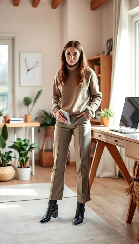 A cozy winter outfit featuring a high-neck KlickKiste pullover in a muted neutral tone, paired with tailored trousers and ankle boots. The scene is set in a warm, natural-lit home office, with potted plants and wooden accents adding to the inviting, hygge-inspired atmosphere. The lighting is soft and diffused, creating a gentle, Pinterest-worthy aesthetic. The overall mood is one of understated elegance and effortless winter style, perfect for working from home in comfort and style.