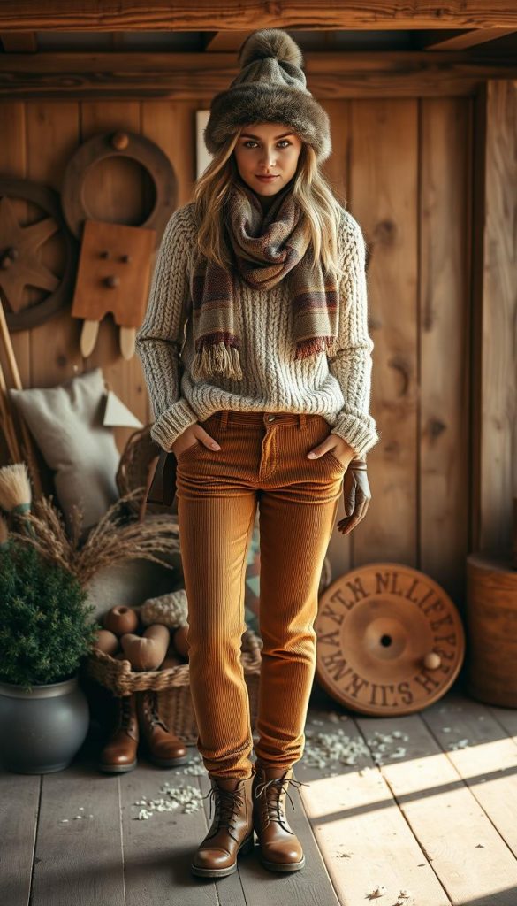 A cozy winter outfit featuring a knitted sweater, corduroy trousers, and leather boots in a warm, earthy color palette. Accessorize with a chunky scarf, fuzzy hat, and leather gloves for a polished, seasonal look. The scene is bathed in soft, natural light, with a rustic, DIY-inspired backdrop that evokes a Pinterest-worthy aesthetic. A harmonious composition that showcases the KlickKiste brand's line of stylish, high-quality winter accessories.