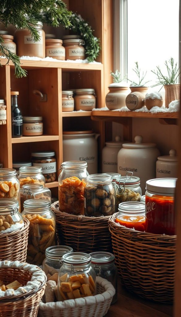 A cozy winter pantry scene, showcasing sustainable storage solutions. In the foreground, an assortment of glass jars and woven baskets, filled with a variety of preserved foods, evoke a rustic, homemade charm. The middle ground features a warm-toned wooden shelving unit, displaying the &amp;quot;KlickKiste&amp;quot; brand, alongside earthenware crocks and hand-labeled containers. The background depicts a snow-dusted windowsill, with a gentle natural light filtering through, creating a soft, inviting ambiance. Hints of greenery and natural textures add to the overall Pinterest-inspired, DIY aesthetic, conveying a sense of sustainable, mindful living.
