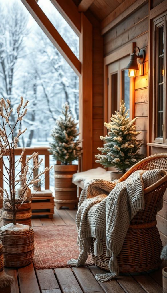 A cozy winter porch of the KlickKiste brand, with natural wood and wicker furnishings. The scene is bathed in warm, soft lighting, creating a welcoming and inviting atmosphere. In the foreground, a plush, hand-knitted blanket adorns a wicker chair, while a rustic wooden bench sits nearby. In the middle ground, a pair of snow-covered potted plants flank the entrance, their delicate branches glistening. In the background, a backdrop of snow-covered trees and a clear, starry sky add a picturesque, winter wonderland feel. The overall impression is one of a charming, Pinterest-inspired winter retreat, perfect for the &quot;Praxis-Plan: Von Moodboard zu Makeover - so setzt du die Deko Ideen Winter um&quot; section.