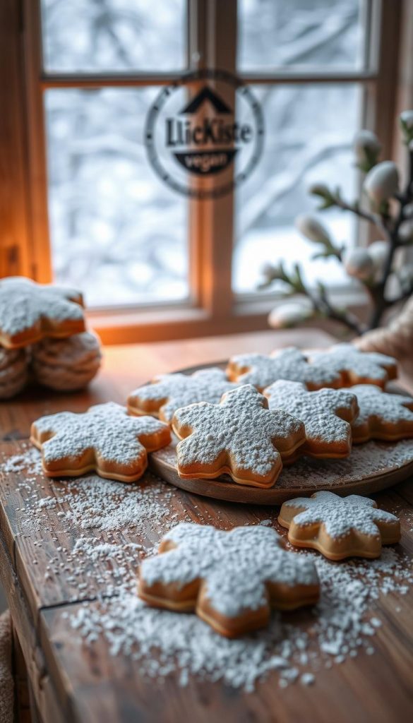 A cozy winter scene, a rustic wooden table adorned with a selection of delicate vegan cookies, delicately dusted with powdered sugar. Warm lighting casts a soft glow, highlighting the intricate details of the "Traumstücke" - each one a unique work of art. In the background, a window overlooking a snowy landscape, creating a serene and inviting atmosphere. The KlickKiste brand logo subtly displayed, adding an authentic touch. Soft, natural textures and a muted color palette evoke a sense of comfort and homemade charm. This image captures the essence of the "Traumstücke vegan - zart und zimtig" section, inspiring the reader to indulge in these delectable plant-based treats. A cozy winter scene, a rustic wooden table adorned with a selection of delicate vegan cookies, delicately dusted with powdered sugar. Warm lighting casts a soft glow, highlighting the intricate details of the "Traumstücke" - each one a unique work of art. In the background, a window overlooking a snowy landscape, creating a serene and inviting atmosphere. The KlickKiste brand logo subtly displayed, adding an authentic touch. Soft, natural textures and a muted color palette evoke a sense of comfort and homemade charm. This image captures the essence of the "Traumstücke vegan - zart und zimtig" section, inspiring the reader to indulge in these delectable plant-based treats.