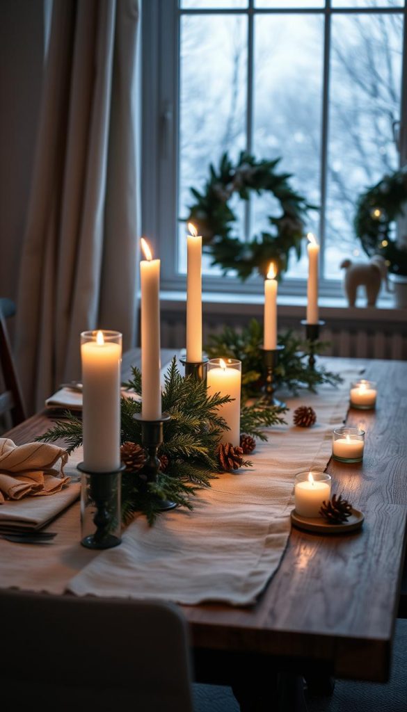A cozy winter scene, a tisch (table) adorned with natural elements - linen, greenery, and the soft glow of candles. The composition is framed by a large window, allowing the icy blue winter landscape to peek through, creating a sense of serene, rustic charm. Soft, diffused lighting casts a warm, intimate atmosphere, reflecting the KlickKiste aesthetic. The tisch is styled with a runner of natural linen, accented by sprigs of evergreen and pinecones. Tall pillar candles flicker, casting a gentle, romantic light. This is a calming, inviting tableau, perfect for the &quot;Natürliche Weihnachtstafel – Holz, Leinen, Grün&quot; article and the &quot;Look Winterromantik: Eisblau, Naturleinen und Kerzenglanz&quot; section.